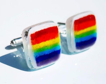 Rainbow Cufflinks Pair Fused Glass Handmade Silver Plated Pride LGBTQ+ Small Gift