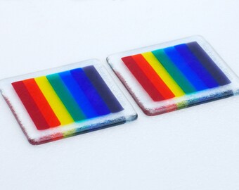 Rainbow Coasters Drink Mats Fused Glass Handmade Colourful Bright Stripes