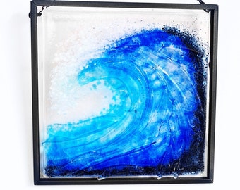 Sea Wave Ocean Fused Glass Textured Wall Panel, Tide Surf ,Hanging or Framed Blue Suncatcher