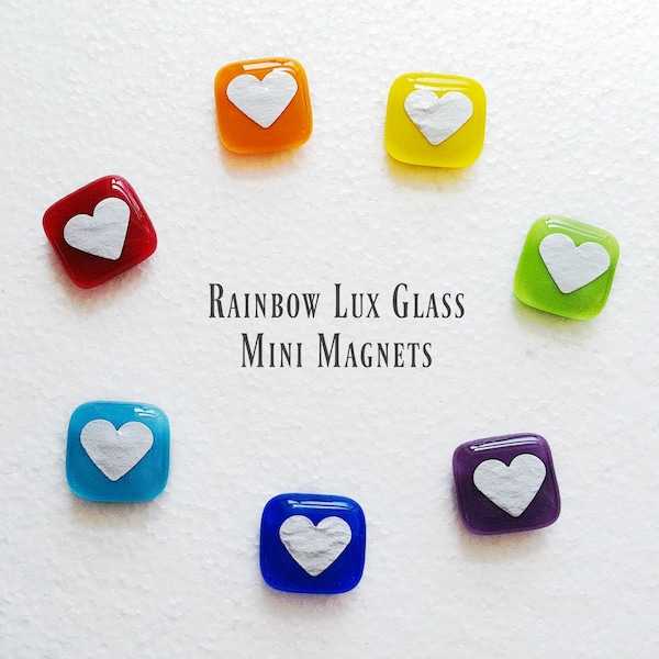 Rainbow Heart Magnets Set of 7 Mini Fused Glass Handmade Fridge Magnets
