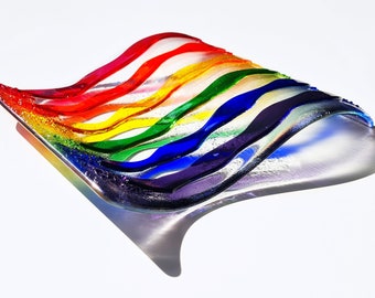 Rainbow Large Wave, Glass Curve Panel, Fused Glass Art Gift, Handmade Pride LGBTQ+