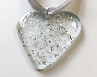 Ashes Glass Heart, Cremation Memorial Keepsake, Silver Glitter, Hanging or Ornament, Pet Loss, Cat, Dog, Fused Glass