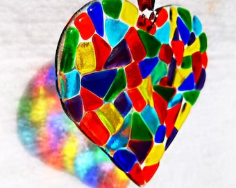 Rainbow Heart Suncatcher, Mother's Day Gift, Hanging  Love Heart Home Decor, Fused Glass Handmade