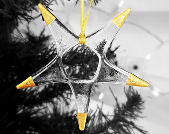 Gold Glass Star Ornament, Christmas Tree Hanging Decoration, Handmade Fused Glass Gift, Holiday Xmas Decor