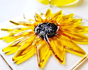 Ashes Keepsake Sunflower Suncatcher, Cremation Memorial Ornament, Fused Glass Handmade Art, Pet loss