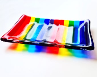 Glass Soap Dish Holder Eco Rainbow ReUsable Fused Glass Bathroom Ensuite No Plastic Pride colours