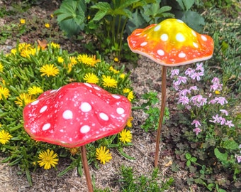 Toadstool Mushroom Garden Ornament, Handmade Fused Glass with Copper Stem