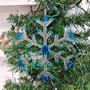 Handmade Glass Snowflake Christmas Hanging Ornament Decoration, Various Colours, Fused Glass, Unique Gift Decor for Home Light Blue Tips