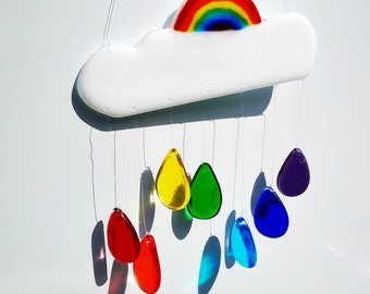 Rainbow Cloud Suncatcher Rain Drops Hanging Decor for home, nursery or garden Handmade Fused Glass