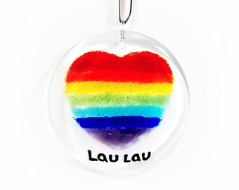 Rainbow Heart Suncatcher, Personalised Fused Glass, Circle Round Hanging Gift, Pride, Home Garden Decor