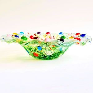 Handmade Glass Bowl with fluted edge, Small Flower Garden Meadow, 16cm, wavy rim, Mother's Day gift, tableware, trinket dish