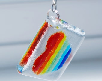 Rainbow Heart Keyring, Fused Glass Keychain, Bag Charm, Gift Thank you