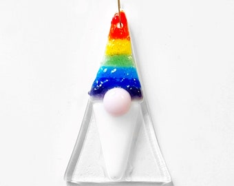 Rainbow Gonk Gnome Decoration, Handmade Fused Glass Ornament, Christmas elf festive tree hanging gift