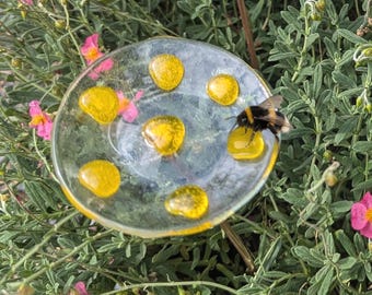Bee Watering Station, Garden Bowl Feeder, Fused Glass Butterfly Drinking Cup, Pollinator Garden Decor