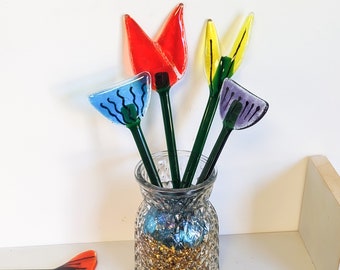 Glass Flowers, Bouquet, Stems with Vase, Everlasting Flowers, Gift For Her, Spring Fused Glass