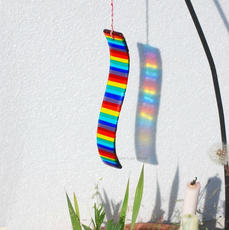 Curved Rainbow SunCatcher Personalised for Garden or Home Fused Glass Pride Chakra Colours Gift image 1