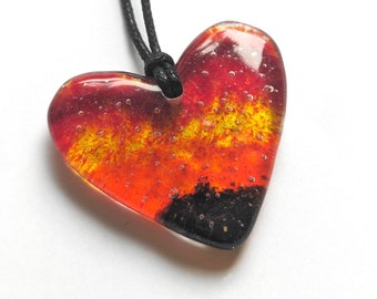 Glass Heart Necklace, Statement Pendant, Lava Volcano Handmade Fused Glass, Red, Orange, Yellow, Wearable Art, Adjustable, 50mm