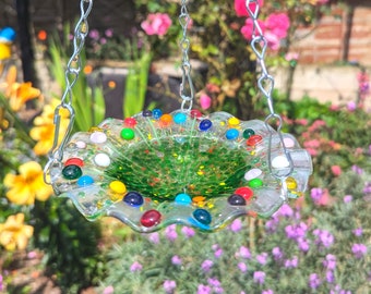 Bird Bath Feeder Handmade Fused Glass Small Wildlife Bowl for Garden