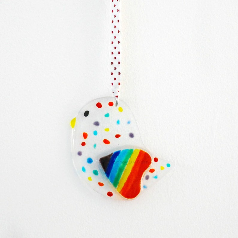 Rainbow Bird Suncatcher with Rainbow Heart \u2013 Dotty Spotty Hanging Version