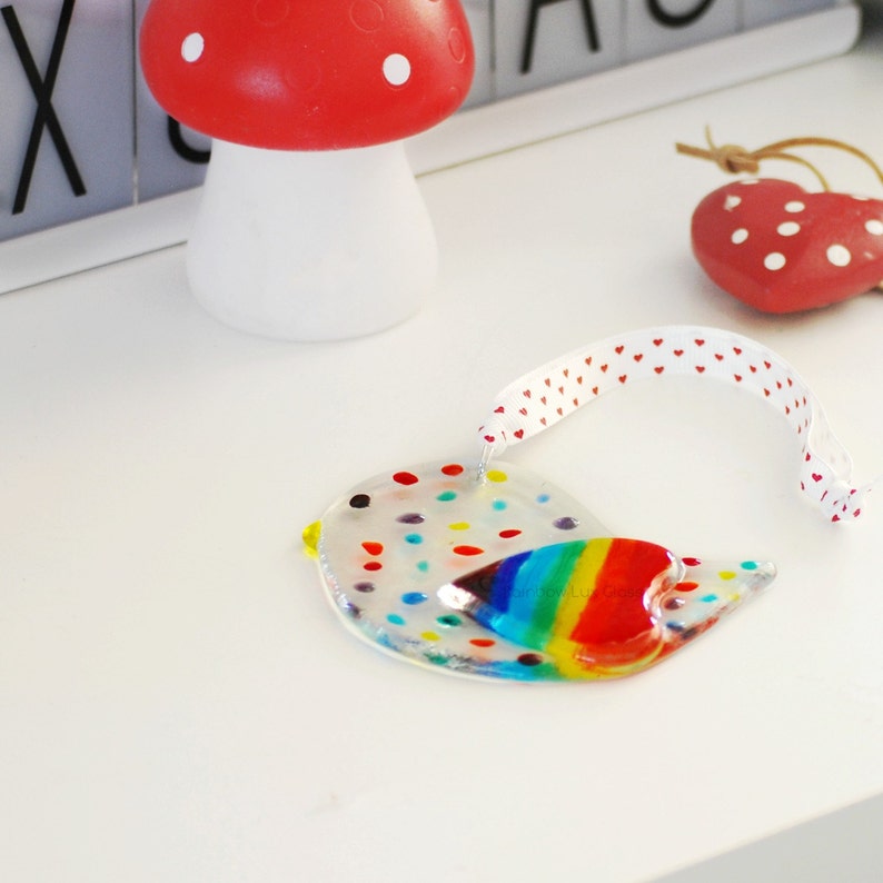 Rainbow Bird Suncatcher with Rainbow Heart \u2013 Dotty Spotty Hanging Version