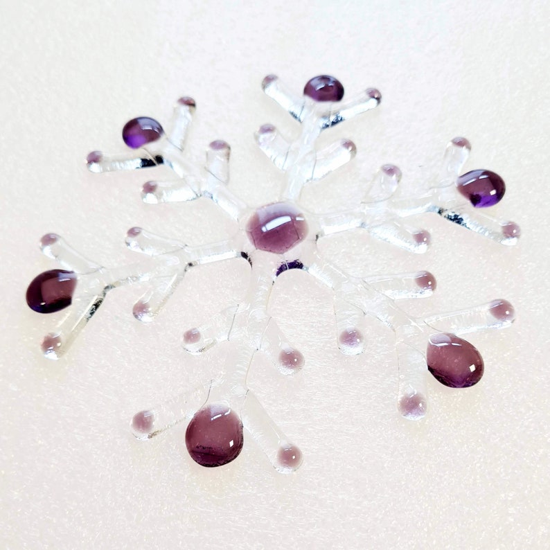 Handmade Glass Snowflake Christmas Hanging Ornament Decoration, Various Colours, Fused Glass, Unique Gift Decor for Home Purple Tips