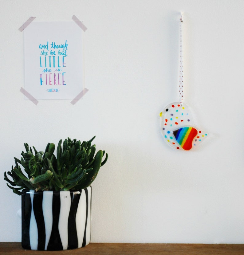 Rainbow Bird Suncatcher with Rainbow Heart \u2013 Dotty Spotty Hanging Version