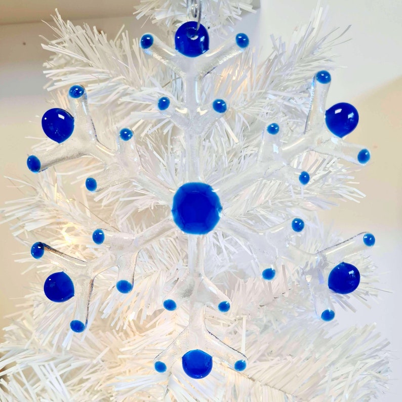 Handmade Glass Snowflake Christmas Hanging Ornament Decoration, Various Colours, Fused Glass, Unique Gift Decor for Home Dark Blue Tips