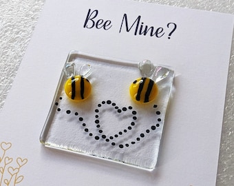 Bee Token Keyring Puns, Handmade Fused Glass, Choice of 9 backing cards and 2 designs