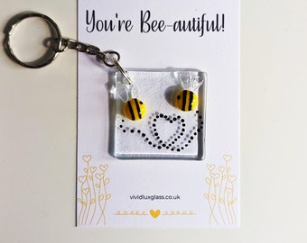 Bee Keyring Handmade Fused Glass, Choice of 9 backing cards and 2 designs