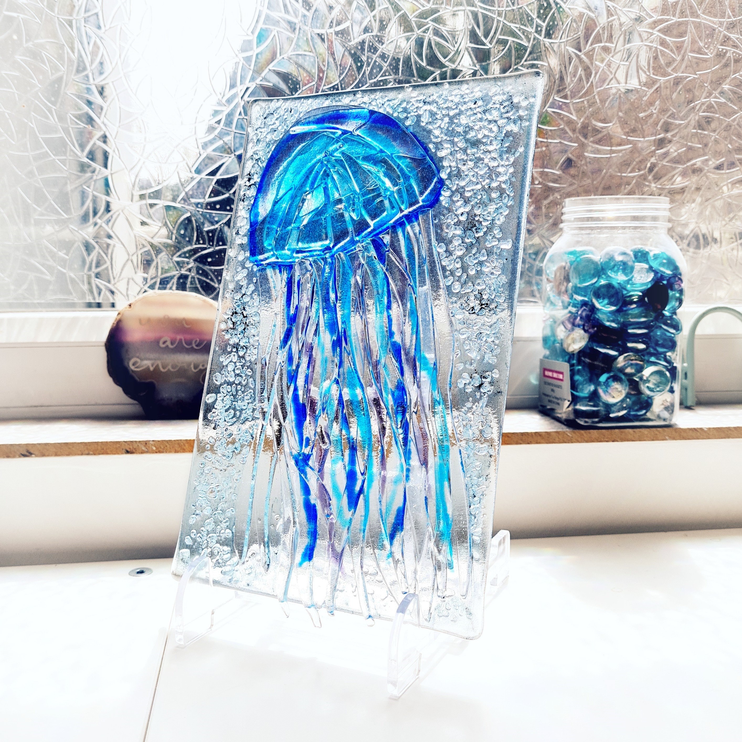 Jellyfish Glass Art, Panel, Ocean Decor, handmade fused, with a clear acrylic stand