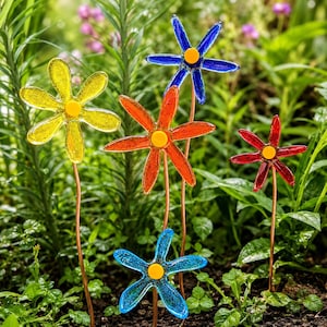 Flower Garden Stake, Handmade Fused Glass Copper Stem, Garden Art Decoration