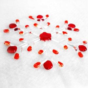 Handmade Glass Snowflake Christmas Hanging Ornament Decoration, Various Colours, Fused Glass, Unique Gift Decor for Home Red Tips