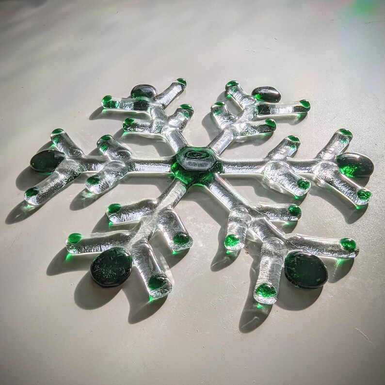 Handmade Glass Snowflake Christmas Hanging Ornament Decoration, Various Colours, Fused Glass, Unique Gift Decor for Home Green Tips