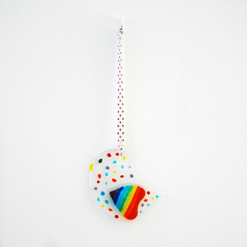Rainbow Bird Suncatcher with Rainbow Heart \u2013 Dotty Spotty Hanging Version