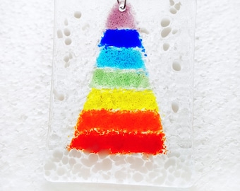 Rainbow Christmas Tree Decoration, Hanging Ornament, Handmade Fused Glass