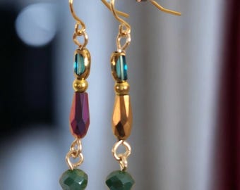 Teal, Rose and Gold Colored Crystal Drop Earrings