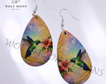 Hummingbird Hibiscus Earrings: Sublimated, Lightweight, Gift Bagged