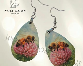 Honeybee on Clover Earrings: Sublimated, Lightweight, Gift Bagged