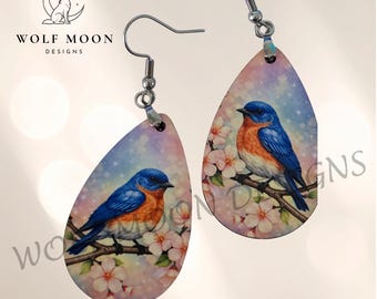 Bluebird Cherry Blossom Earrings: Sublimated, Lightweight, Gift Bagged