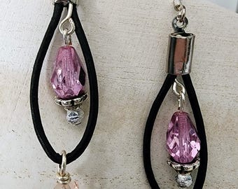 Leather Loop Earrings with Pink Accents