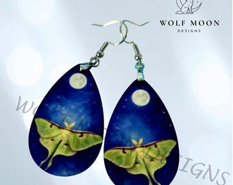 Luna Moth and Moon Earrings: Sublimated, Lightweight, Gift Bagged