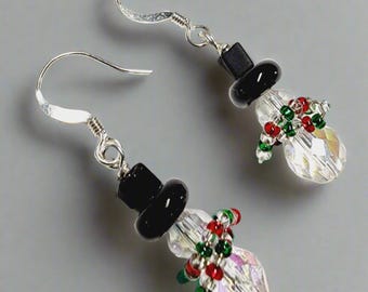 Snowman Earrings, AB Beaded Scarf, Silver Plated