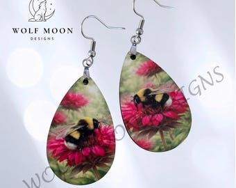 Bumblebee on Bee Balm Earrings: Sublimated, Lightweight, Gift Bagged