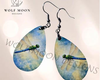 Blue and Green Dragonfly Earrings: Sublimated, Lightweight, Gift Bagged