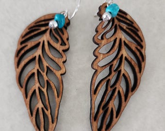 Wood Leaf & Turquoise Earrings