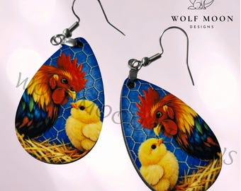 Rooster and Chick Earrings: Sublimated, Lightweight, Gift Bagged