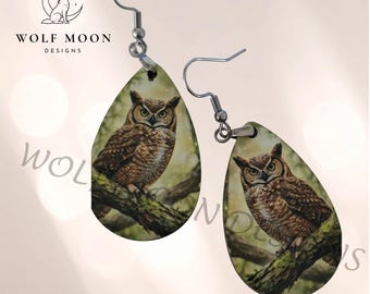 Horned Owl Earrings: Lightweight Sublimated Forest Wildlife Jewelry (Gift Bagged)
