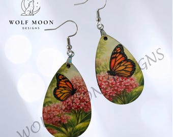 Monarch Butterfly on Butterflyweed Earrings: Sublimated, Lightweight, Gift Bagged