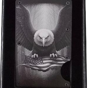 Billetera delgada de metal personalizada RFID con águila voladora y bandera - Negro