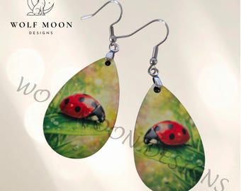Ladybug Leaf Drop Earrings: Sublimated, Lightweight, Gift Bagged